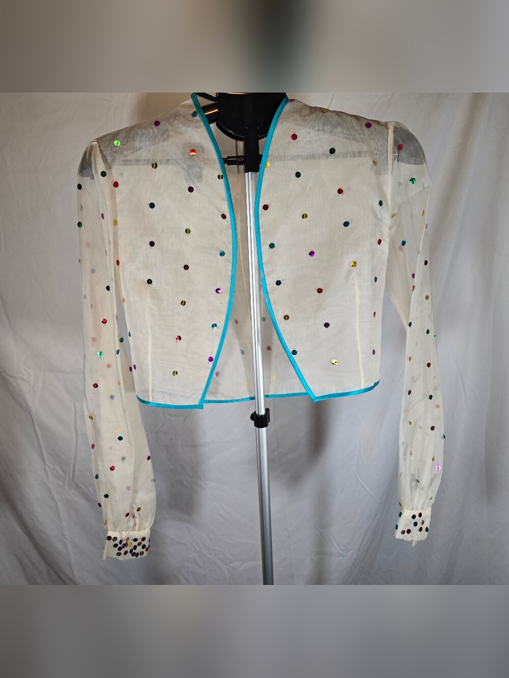 Vintage Sheer White Sequin Polka Dot Long-Sleeve Crop Shrug